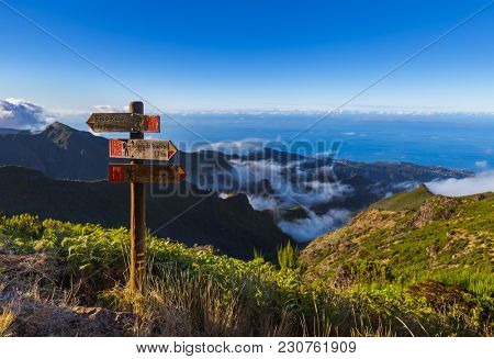 Signboard Pico Ruivo in Madeira Portugal - travel background