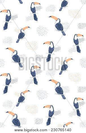Vector Seamless Pattern With Handdrawn Pensil Illustration Of Toucans On White Background. Summer Pr
