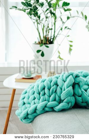 Part Of Modern Casual Living Room Decor With Grey Sofa, Bed Cover And Flower Pot