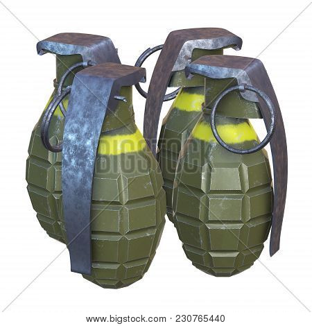 Hand Bombs Frag Grenade Green Metal With Scratches And Round Pin Over. 3d Render Isolated On White.