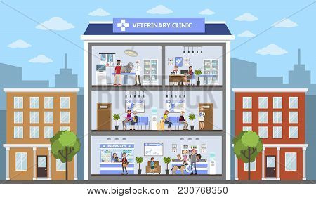 Vetclinic City Building With Patients And Owners.