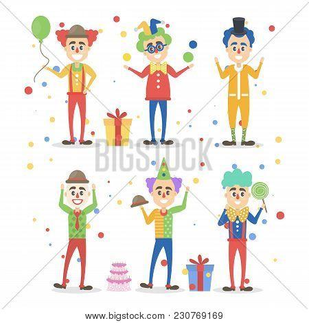 Funny Clowns Set With Toys And Decorations.