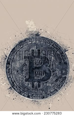 Bitcoin, Blockchain Cryptocurrency Golden Coin On Gold Metal Background To Emphasize The Value Of Vi