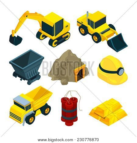Mining Minerals And Gold. Vector Mine Gold Mineral, Industry And Equipment For Mining Illustration