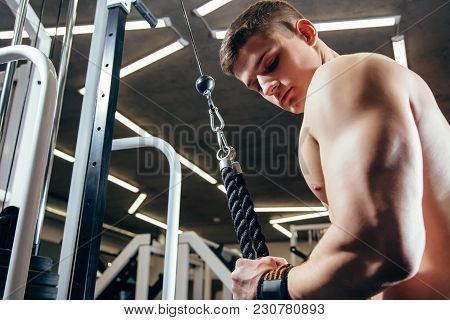 Handsome Young Man Doing Exercises On The Biceps In The Gym. The Concept Of Fitness, Sports And A He