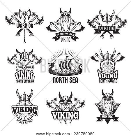 Sports And Battle Badges And Labels With Vikings And Barbarian Warriors. Monochrome Pictures Sport L