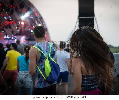 Back View Of Group Of Dancing People On The Dance Floor At Music Festival. Young Trendy Persons Has 
