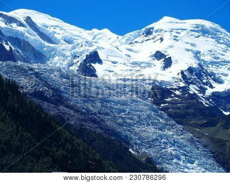 Mont Blanc Massif On Alpine Range Landscapes And Beauty Bossons Glacier In Chamonix Village, French 