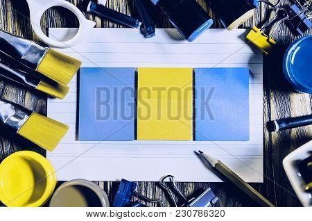 Ack To School Background With School Supplies On Wooden Background.