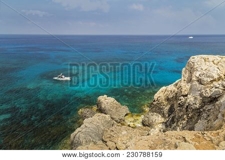 Seascape With Rocks , Shore Of The Mediterranean Sea. Coast Of Cyprus, Ayia Napa.