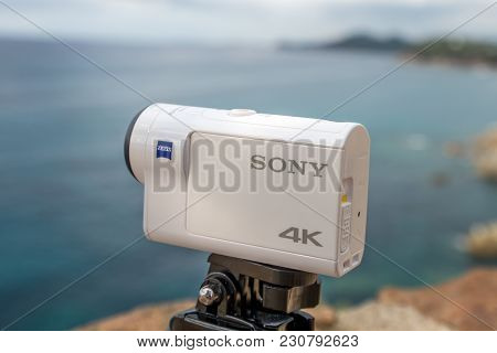 Spain Lloret De Mar September 2017. Action Camera Sony X 3000 Against The Sea. Illustrative Editoria