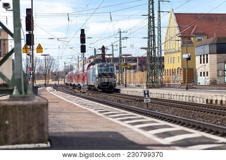 Fuerth / Germany - March 11, 2018: Re Regional Express Train From Deutsche Bahn Passes Train Station