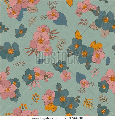Tender Seamless Pattern Of The Flowers In Vintage Style, Spring, Cherry, Apple Tree In Bloom . Seaml