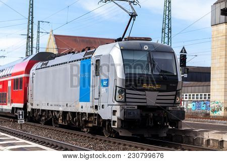 Fuerth / Germany - March 11, 2018: Re Regional Express Train From Deutsche Bahn Passes Train Station