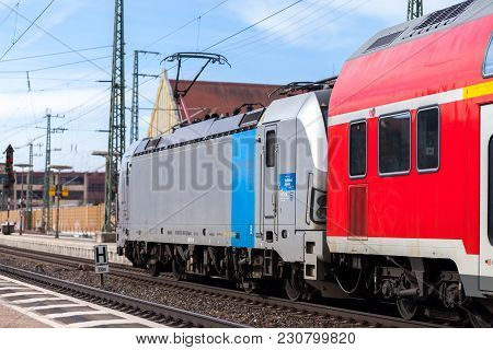 Fuerth / Germany - March 11, 2018: Re Regional Express Train From Deutsche Bahn Passes Train Station
