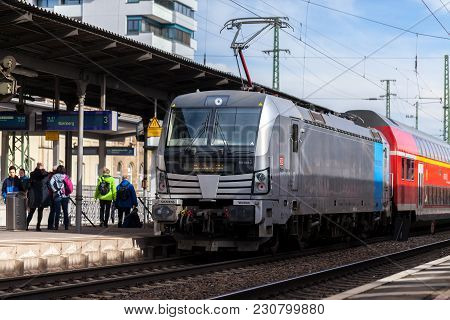 Fuerth / Germany - March 11, 2018: Re Regional Express Train From Deutsche Bahn Passes Train Station