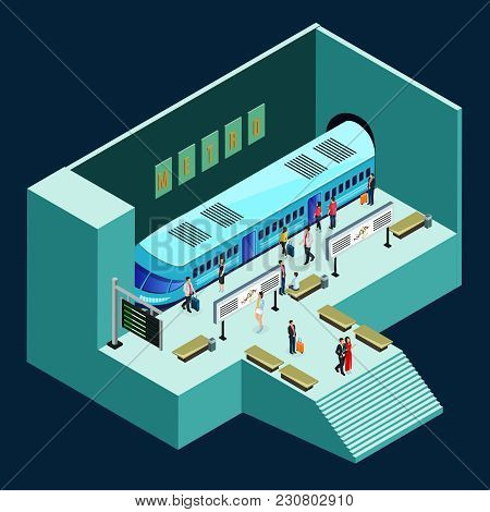 Isometric Subway Station Concept With Modern Comfortable Train And Passengers On Platform Isolated V