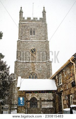 Drewsteignton, Devon, United Kingdom, 01/03/2018:- Snow Covered Church During The Beast From The Eas