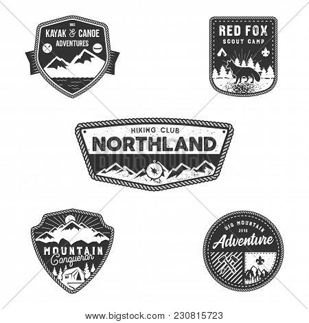 Travel Badge, Outdoor Activity Logo Collection. Scout Camps Emblems. Vintage Hand Drawn Travel Badge
