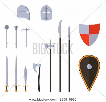 Medieval Weapons And Armors Set. Medieval Warrior Equipment. Sword, Axe, Spear, Pike, Helmet Shield 