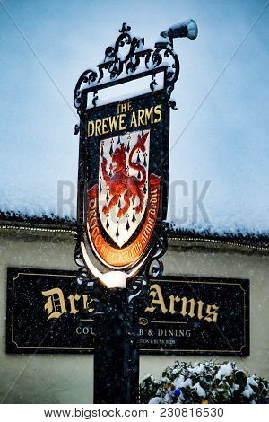 Drewsteignton, Devon, United Kingdom, 01/03/2018:- The Drewe Arms During The Beast From The East Win