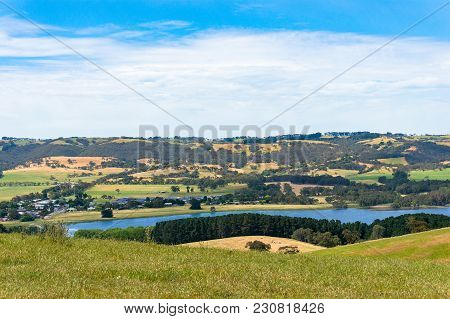 Aerial View Of Pictureesque Rural Landscape With Water Dam, Lake. Myponga, South Australia