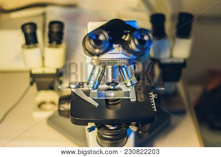 Optical Microscope With Four Different Objective Lenses.
