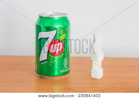 Pruszcz Gdanski, Poland - March 5, 2018: Can Of 330ml 7 Up Drink And Sugar Cubes.