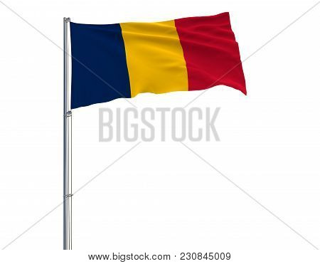 Isolate Flag Of Chad On A Flagpole Fluttering In The Wind On A White Background, 3d Rendering