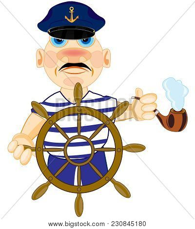 Captain For Steering Wheel Of The Nave Keeps Course And Smokes Tube