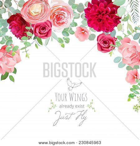Carnation, Rose, Ranunculus, Dahlia, Pink And Burgundy Red Flowers And Decorative Eucaliptus Leaves 