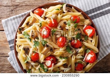 Vegetarian Food: Pasta Penne With Champignons, Tomatoes, Stuffed Peppers Close-up. Horizontal Top Vi