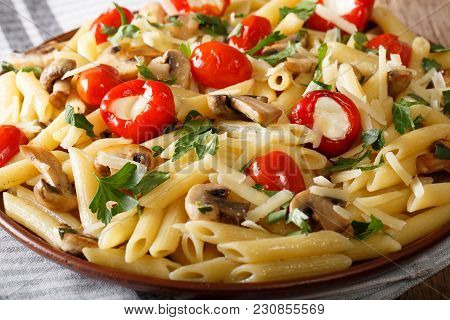 Delicious Penne Pasta With Champignons, Tomatoes, Stuffed Pepper And Parmesan Macro. Horizontal