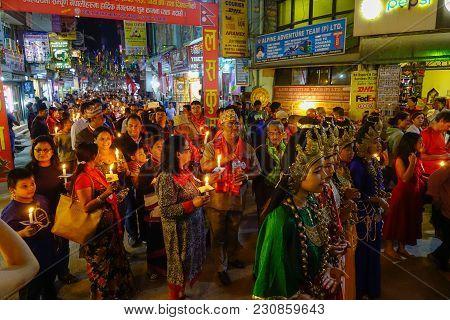 Kathmandu, Nepal - Oct 18, 2017. Local People In Traditional Clothes During A Local Festival At Tham