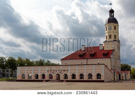 NESVIZH, BELARUS - AUGUST 27, 2012: View to Town Hall of Nesvizh from Town Hall square. The building was erected in 1596, several times reconstructed, and finally restored in 1997-2004