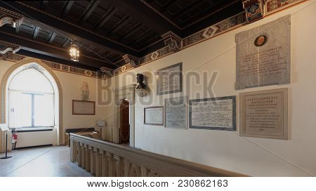 SAN MARINO, SAN MARINO - JUNE 13, 2017: Interior of Palazzo Pubblico, the Public Palace. It was built between 1884 and 1894 by design of Francesco Azzurri