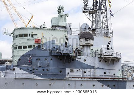 London, United Kingdom - June 22, 2017: A War Ship Hms Belfast On The River Thames. Ship Launched In