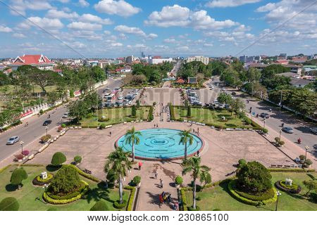 Vientiane, Laos - January 17, 2017: Patuxay park in Vientiane, view from the top of Patuxai Gate, Laos