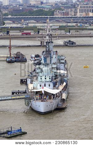 London, United Kingdom - June 22, 2017: A War Ship Hms Belfast On The River Thames. Ship Launched In