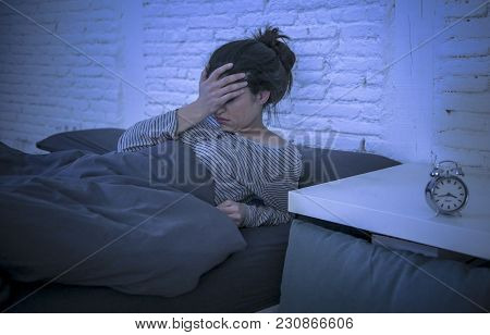 Young Beautiful Sad And Worried Latin Woman Suffering Insomnia And Sleeping Disorder Problem Unable 