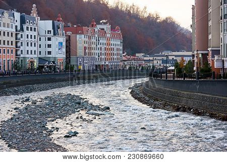 Sochi, Russia - 8 May, 2016: Baywalk Nearby Rosa Khutor. Olympic Village Roza Khutor.