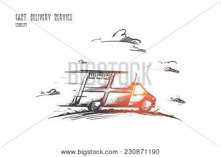 Fast Delivery Service Concept. Hand Drawn Delivery By Car. Courier Delivery Service Isolated Vector 
