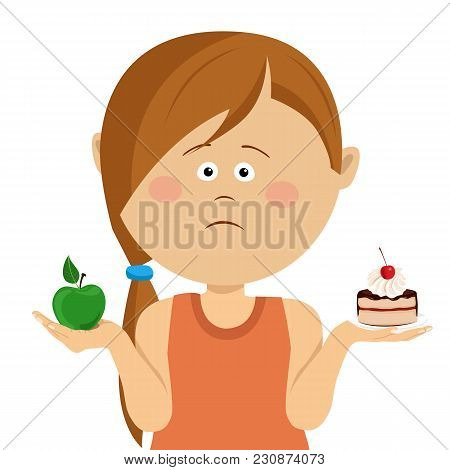 Cute Little Unhappy Girl Choosing Between Apple And Sweets, Isolated Over White Background