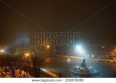Foggy Street In Evening, Sofiyskaya Square, Kiev, Ukraine. Monument To Bogdan Khmelnitsky, Sofia Squ