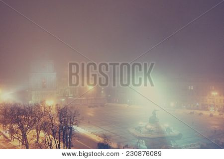 Foggy Street In Evening, Sofiyskaya Square, Kiev, Ukraine. Monument To Bogdan Khmelnitsky, Sofia Squ