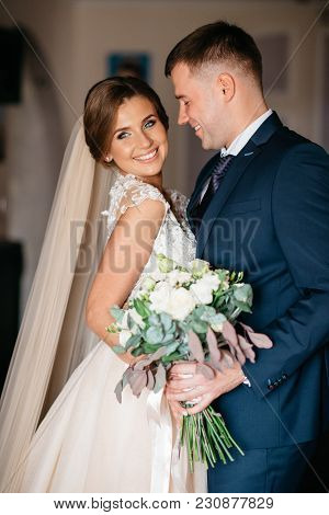 First Meeting Of Bride And Groom In The Bridal Apartments Before Wedding Ceremony
