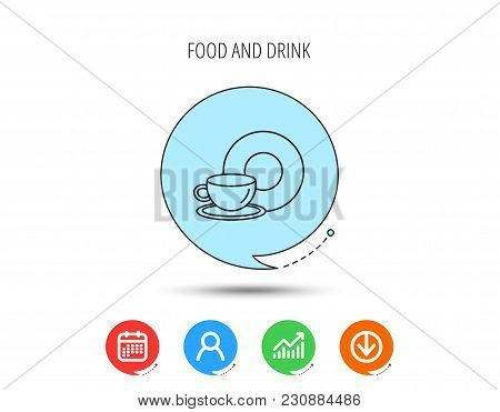 Coffee Cup Icon. Food And Drink Sign. Calendar, User And Business Chart, Download Arrow Icons. Speec