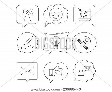 Mail, Photo Camera And Lightbulb Icons. Pen, Gps And Telecommunication Linear Signs. Faq, Like And S