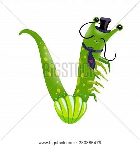 Vector One Letter V Of Sea Cartoon Alphabet Isolated On White Background.
