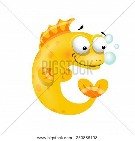 Vector One Letter C Of Sea Cartoon Alphabet Isolated On White Background.